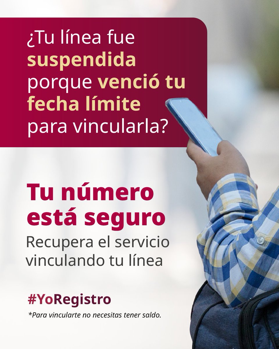 CRTGobMX's tweet photo. 📲 Tu número sigue siendo tuyo, dale tu nombre. 🫵🙋🏻‍♀️
 
Si tu línea fue suspendida, entra al portal de tu compañía para vincularla y vuelve a comunicarte con quienes más quieres. 🧑‍🧑‍🧒‍🧒
 
Vincula tu línea ahora y recupera tu servicio. 🛜
*Para vincularte NO necesitas tener saldo

#YoRegistro #vinculacióndelíneas #crt
