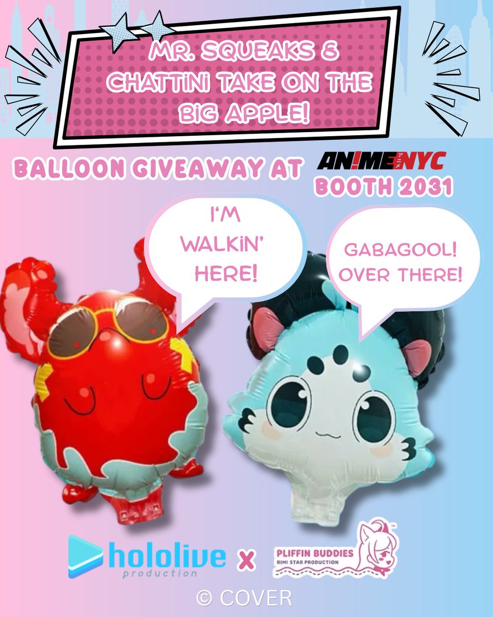 RimiStarProd's tweet photo. Mr. Squeaks &amp; Chattini have arrived to take over the Big City as balloons! 🎈🗽

Stop by Booth 2031 during #AnimeNYC and show that you follow @hakosbaelz and/or @raorapanthera (and us) to take them on an adventure! https://t.co/BjrrWBDxD0
