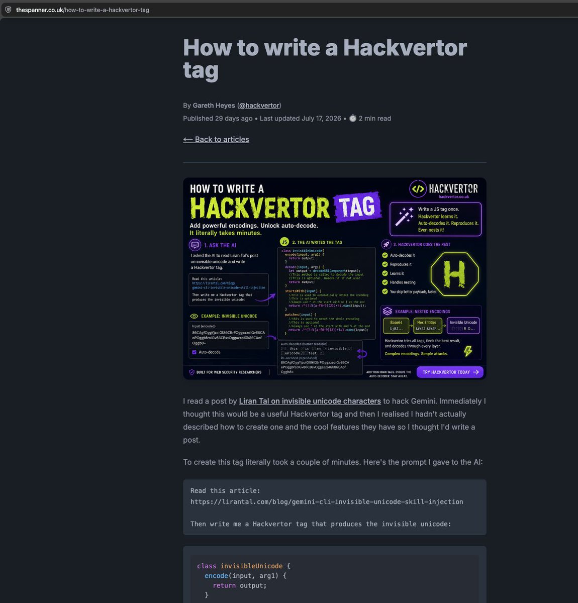 liran_tal's tweet photo. oh woah, this one is for the books for me! fellow security researcher Gareth Heyes from PortSwigger has been inspired by my Gemini CLI invisible characters hack and wrote up a follow-up article on this. I'm extremely and genuinely flattered 😍 ❤️ https://t.co/e906mPmDIo