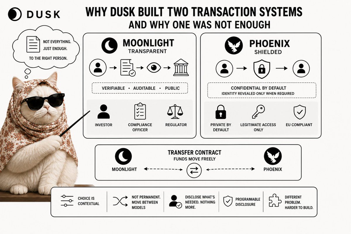 MyFurfolio's tweet photo. Ever hand your entire bank statement to a landlord just to prove you can pay rent, feeling like your privacy just took a hit?

That awkward overexposure is why traditional finance and public chains feel so broken. But $DUSK solves this by refusing to choose between total exposure and total blackouts.

With its dual-model design, #Dusk separates public accountability from private ownership. Moonlight handles the transparent side, while Phoenix acts as a shielded layer that proves compliance without leaking your entire financial history.

This is programmable disclosure. You share the right key with the right person at the right time.

If crypto wants real institutional money, hiding everything doesn't work. Controlling what gets seen does.

@DuskFoundation