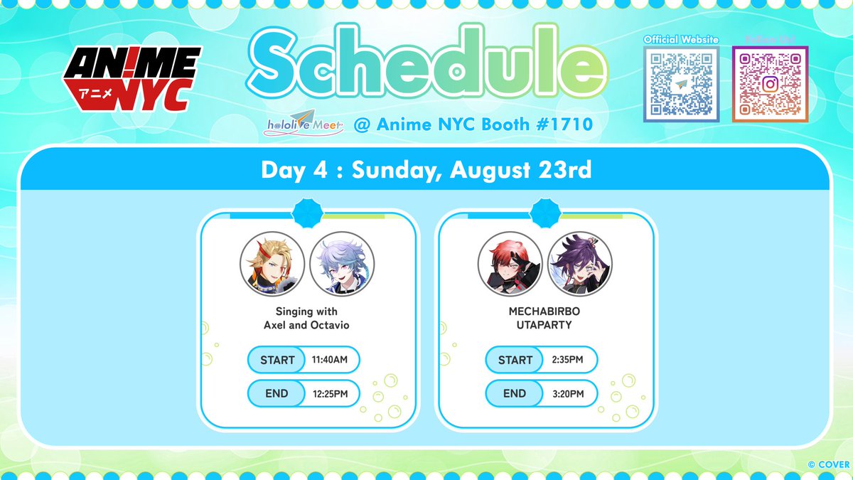 HOLOSTARSen's tweet photo. 📢hololive production @ Anime NYC📢

🙌FULL BOOTH SCHEDULE🙌

It's finally here!! Don't miss out and be sure to check the full schedule for hololive production's booth! 👀

Only 3 days to Anime NYC...are you ready??

#hololiveMeet #AnimeNYC https://t.co/KYHgSMykP2