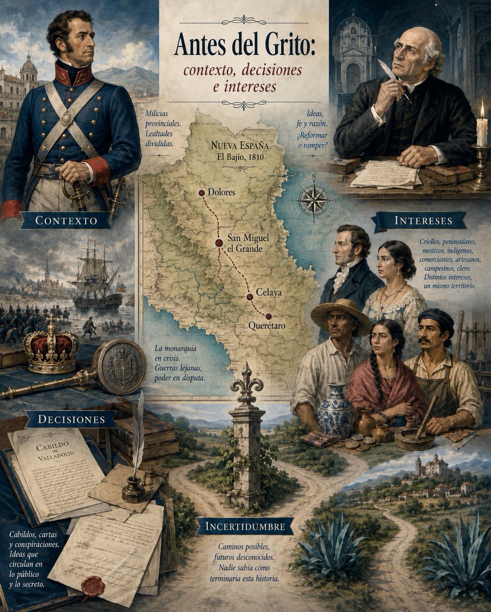 AllendeyUnzaga's tweet photo. Estamos a un mes de los festejos patrios del 15 y 16 de septiembre. Por ello, durante las próximas semanas les estaré compartiendo información poco conocida sobre los hechos, decisiones y personajes que antecedieron al inicio de la insurrección en el pueblo de Dolores.

Quiero invitarlos a ver la historia desde otra perspectiva: menos lineal (como si todo hubiera ocurrido inevitablemente en una sucesión de 1, 2, 3…) y menos reducida a una historia de buenos contra malos.

Intentaremos mirar el contexto y el sinnúmero de factores que influyeron en las decisiones de quienes vivimos aquellos acontecimientos.

Porque hay algo que solemos olvidar: nosotros no sabíamos cómo terminaría la historia.

La Independencia de México no puede reducirse a la lucha de unos esclavos contra sus amos, ni de buenos contra malos. Fue la convergencia de numerosos intereses en pugna: políticos, económicos, sociales, personales y militares.

Desde los más idealistas hasta los más mezquinos.

Seres humanos que buscaban transformar el mundo en el que vivíamos; otros que intentaban conservar su statu quo; y muchos más que tuvieron que tomar partido en medio de una crisis cuyo desenlace nadie podía conocer.

Durante las próximas semanas trataremos de acercarnos a ese 1810: no como una leyenda ya terminada, sino como lo vivieron sus protagonistas.

Con incertidumbres, decisiones, contradicciones, intereses… y consecuencias.

Síganme los valientes

#IgnacioAllende #HistoriaDeMéxico #IndependenciaDeMéxico #AngulosDelaHistoria