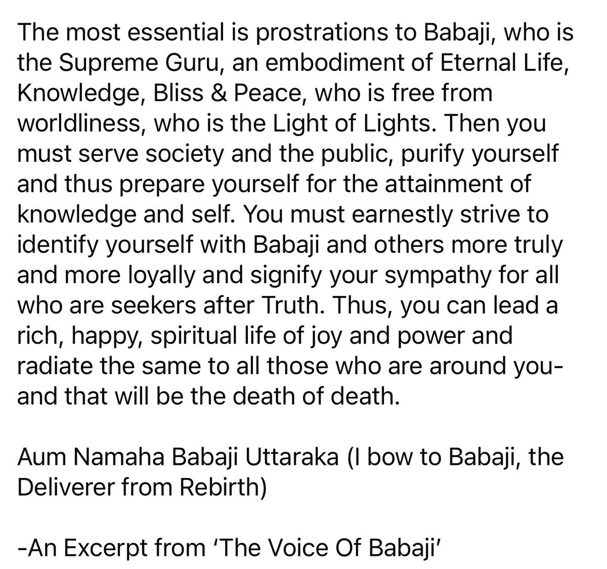 ombabajiom's tweet photo. You must serve society, purify yourself &amp; thus prepare yourself for the attainment of knowledge &amp; self.
Thus, you can lead a rich, happy, spiritual life of joy &amp; power &amp; radiate the same to all those who’re around you &amp; that will be the death of death.
Aum Namaha Babaji Uttaraka! https://t.co/yRGRh7sLzz