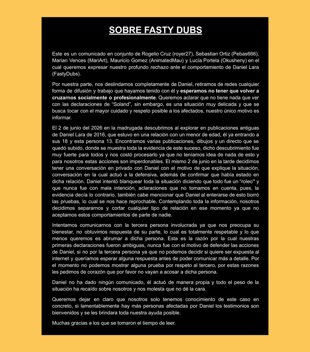 CartoonsOTMoon's tweet photo. El youtuber Fasty Dubs, famoso por hacer los primeros fandubs de Helluva Boss y Hazbin Hotel, ha sido acusado de grooming por su propio equipo.

La víctima tendría 13 años. https://t.co/yc90e0tzx6