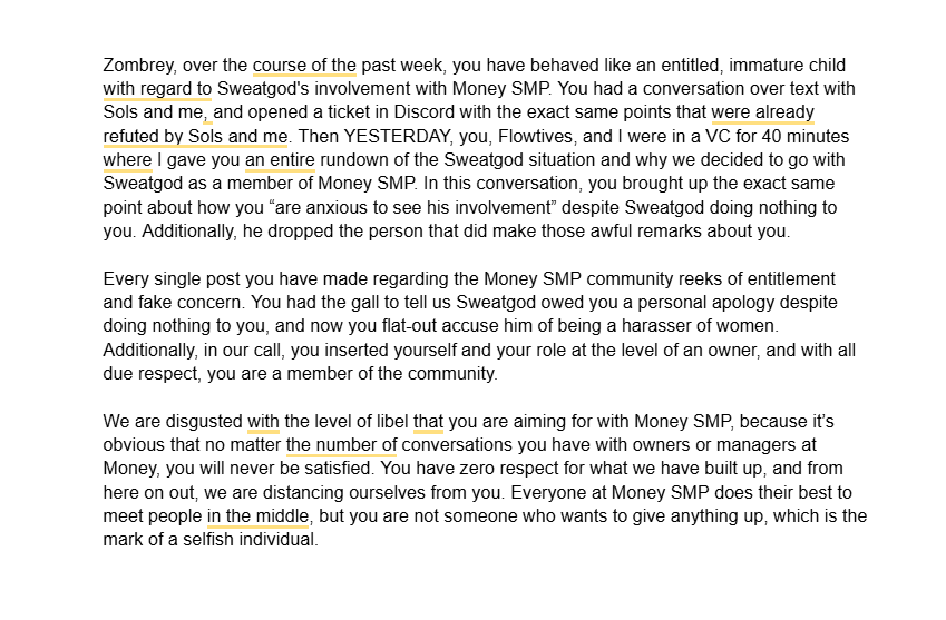 Bormethius's tweet photo. @zombreyy Zombrey, you have acted like a child for your entire "involvement" in Money SMP. Here is a simple reply from Money regarding your childish and entitled actions and responses. 

If you don't feel like reading the rest of it, simply put, we will be disassociating entirely. https://t.co/fji1kOsJCe