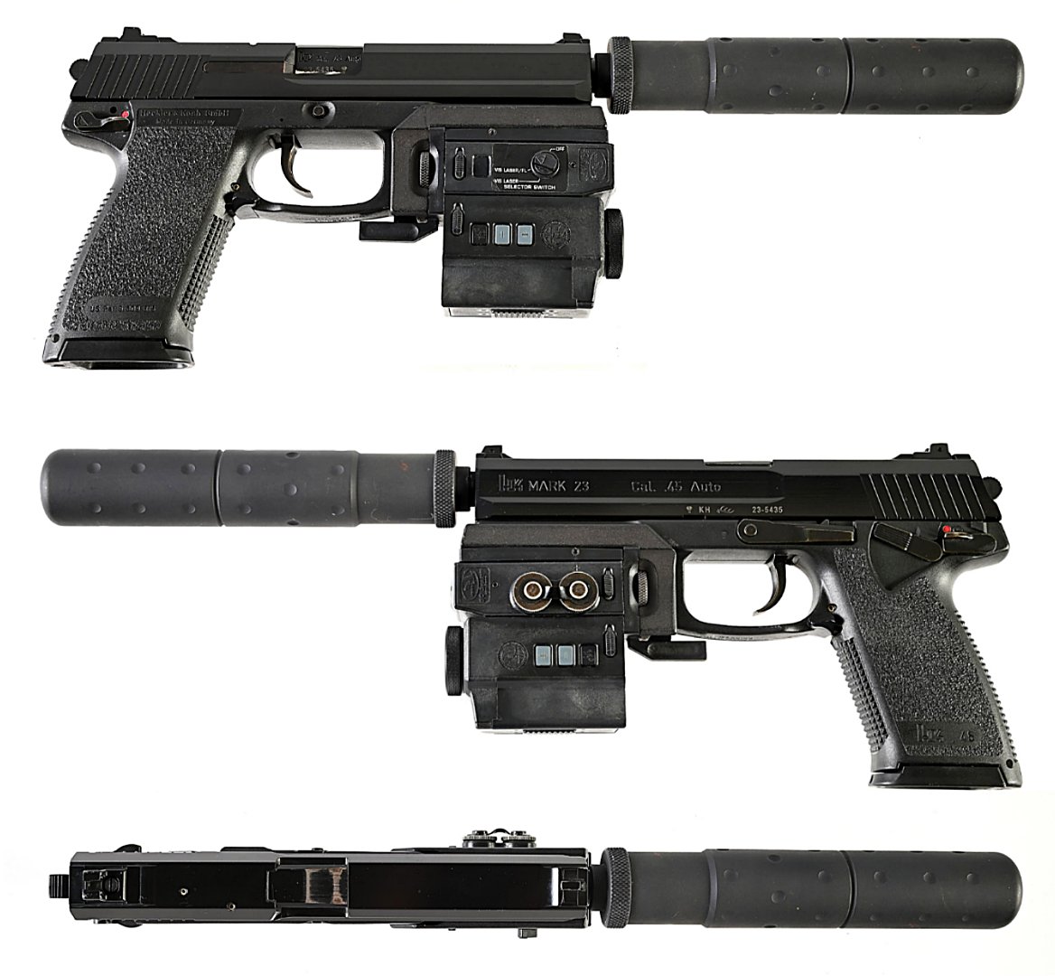 AutoMagArchive's tweet photo. 1997 H&amp;K Mark 23 with Wilcox Night Stalker LAM and faux suppressor. https://t.co/Hj5QVT77f6
