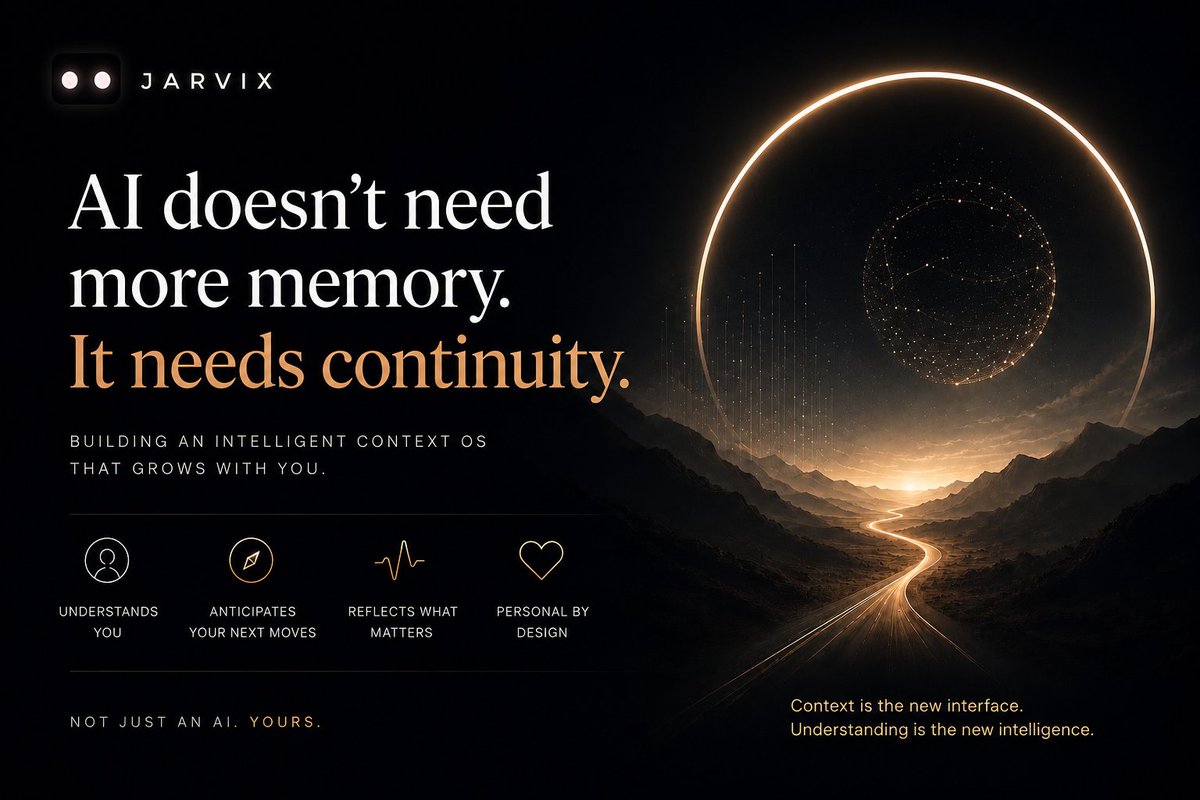 Jarvixdotlive's tweet photo. AI can remember what you told it.
That doesn't mean it understands why it mattered.

A project you mentioned once isn't necessarily important.

An idea you keep returning to might be.

A decision you made months ago might explain what you're trying to do today.

A question you keep asking might reveal a problem you haven't solved yet.

That's the difference between collecting context and understanding it.

The real value of personal AI isn't knowing more things about you.

It's recognizing the connections between them.

What keeps coming back.
What is changing.
What matters now.
And what might deserve your attention next.

That's where context becomes more than memory. It becomes understanding.

Jarvix is live. Give it a try.