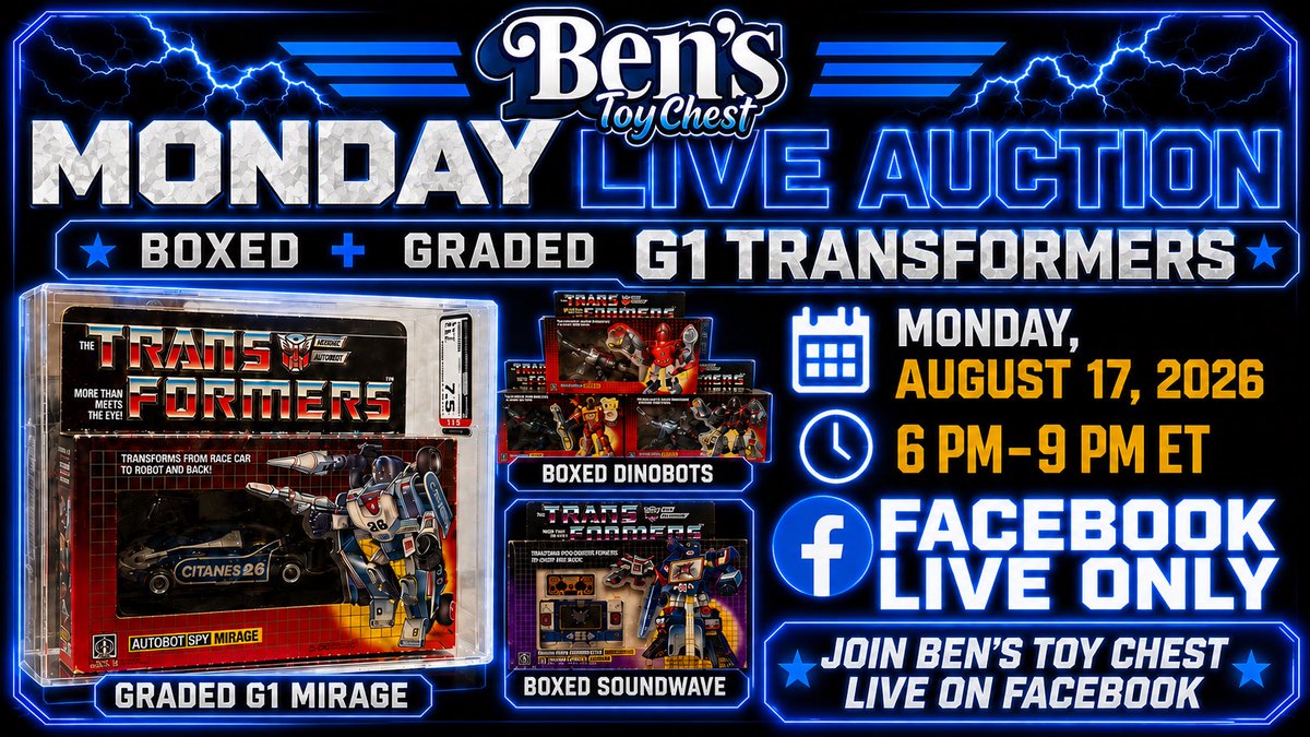 BensToyChestFL's tweet photo. The boxed G1 finally showed up 👀🔥

Graded Mirage, all five Dinobots, Soundwave and plenty more hit the block Monday, 6–9 PM ET — live only on the Ben’s Toy Chest Facebook page.

#BensToyChest #G1Transformers #VintageToys #ToyAuction https://t.co/QItWenbcSM