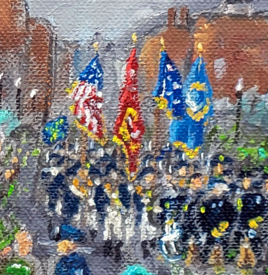 UrbanImpress's tweet photo. Details in brushstrokes: 
Boston Mounted Police Equestrian Unit 
Irish American Police Officers Association Pipes &amp; Drums (IAPOA) Corp
The Lexington Minutemen
Typical Southie Celtics fan https://t.co/bC4cr5qiAB