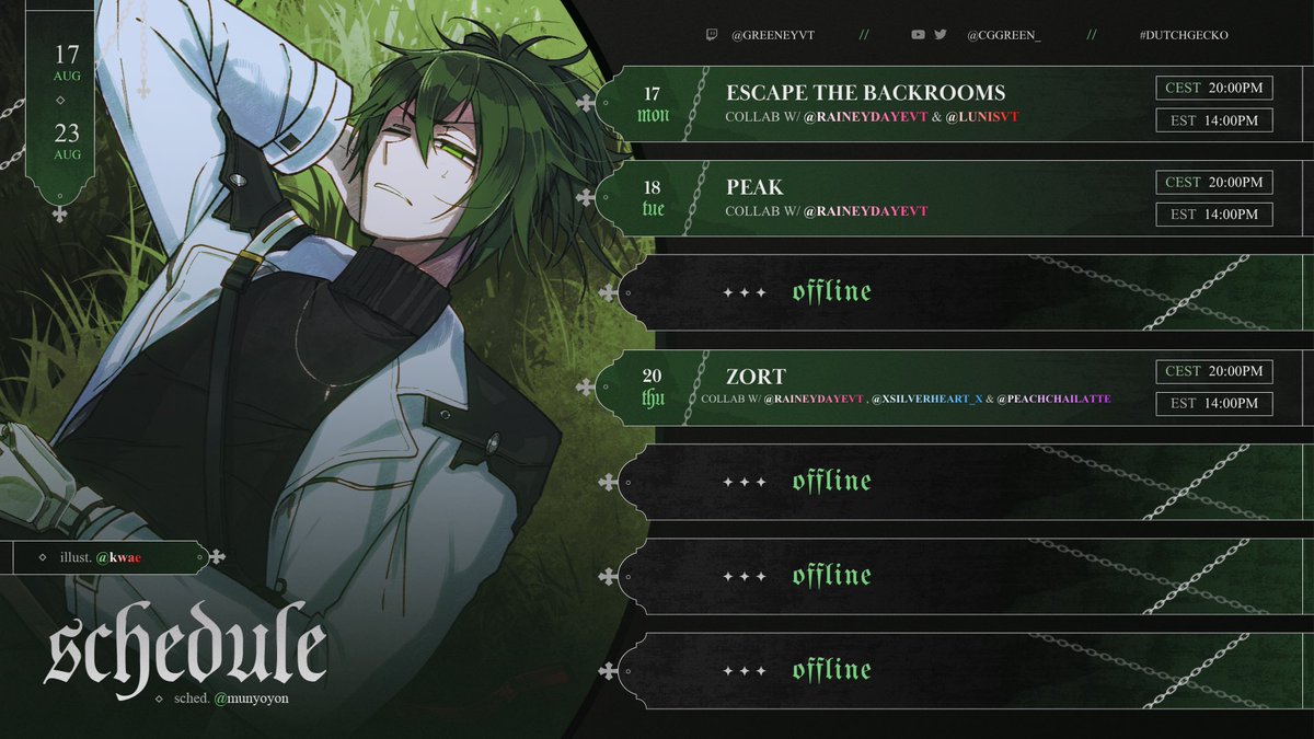 CGgreen_'s tweet photo. Doing this for the first time. 
Please be nice to me.

#schedule #vtuber 
Here’s this weeks schedule: https://t.co/AZ9yjnSHHe