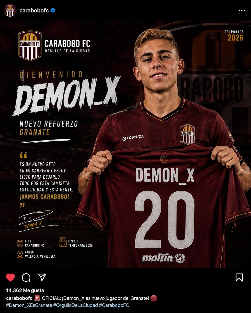 CaraboboFCLE's tweet photo. COMUNICADO OFICIAL:

Hemos alcanzado un acuerdo con @Demon_XFCBfan para que vista nuestra camiseta.

Llega procedente del Caracas por 5 bolívares https://t.co/QcsJYRwDBR