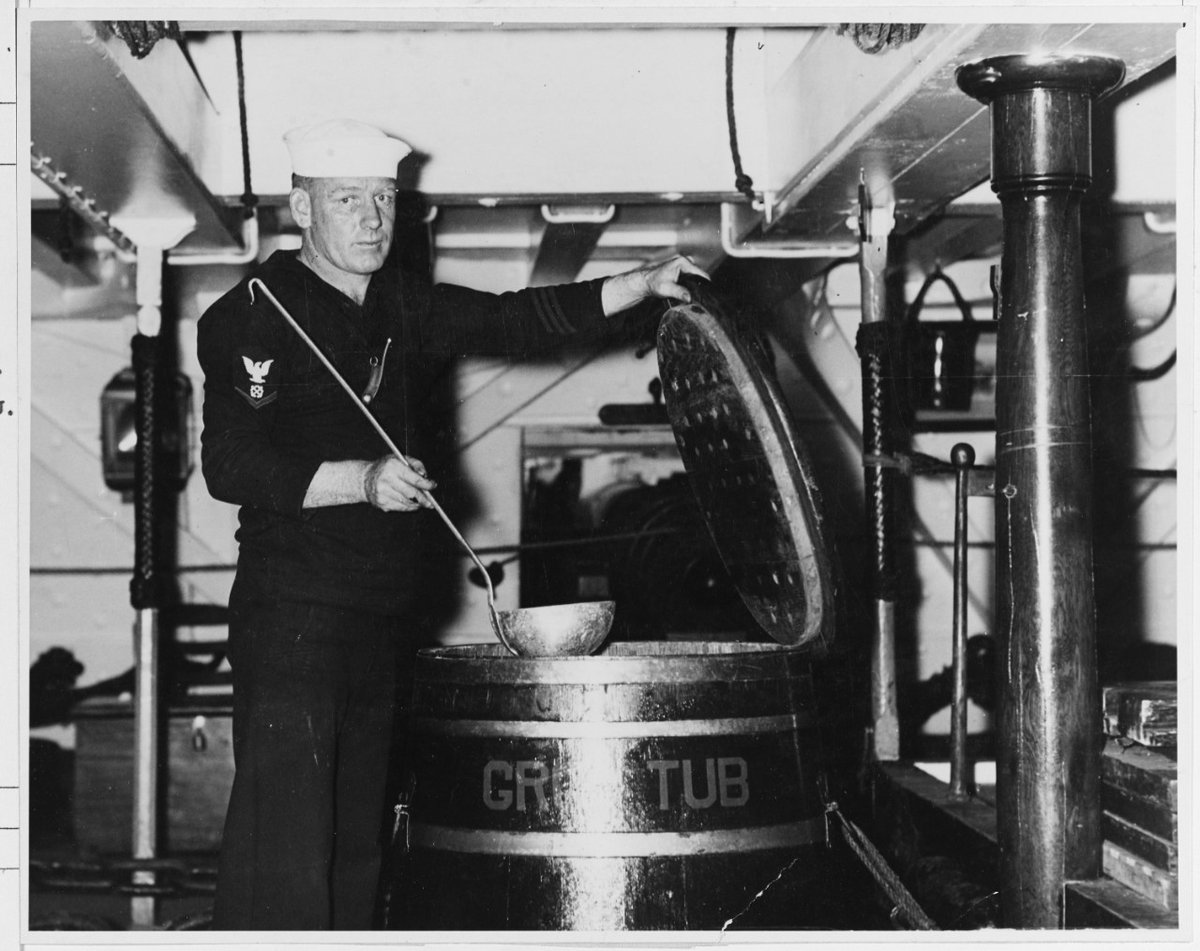 USSConstMuseum's tweet photo. Sailors aboard CONSTITUTION in the 1800s were allowed rations of grog. To stop them from hoarding their rations, each sailor had to swallow his ration while an officer watched. 

📷 The Grog Tub on USS CONSTITUTION, 1930-1934. Naval History and Heritage Command [NH2248] https://t.co/tUxr76cnK8