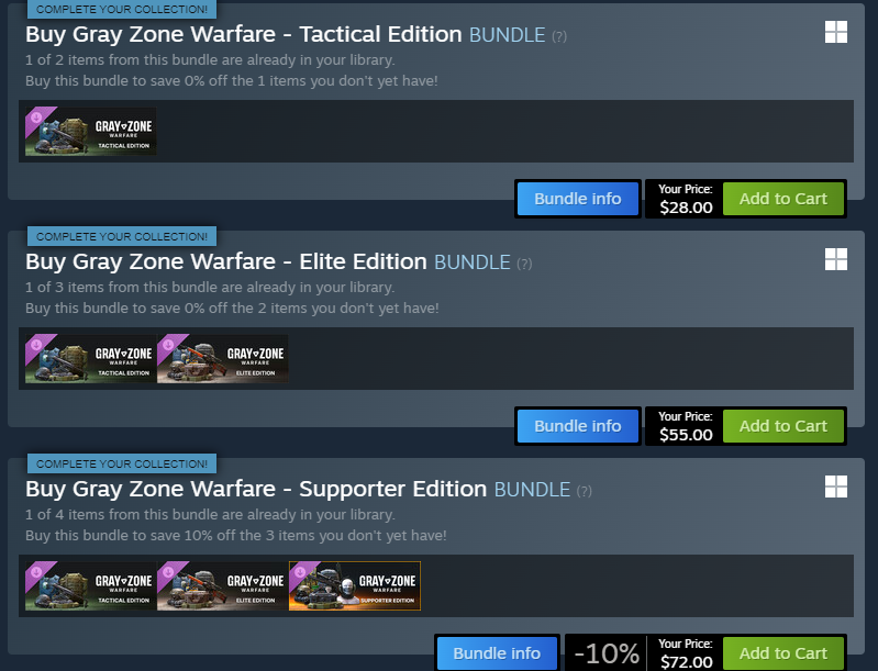 Moonzen_'s tweet photo. @uninspiredcup @GrayZoneWarfare still being disingenuous. the dlcs if you own the game are $72 total. still not "hundreds of dollars of dlc" &amp; theyre OPTIONAL,doesnt effect the game &amp;  just to support them IF YOU WANT TO. youre showing the base game + dlc bundled to make it seem more. stop being dense https://t.co/GWSAsjxrmA