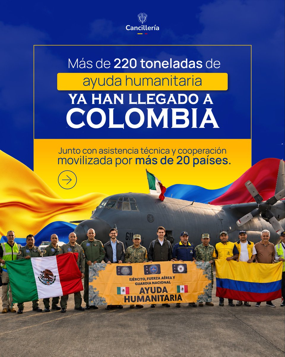 CancilleriaCol's tweet photo. La solidaridad internacional con Colombia se sigue traduciendo en acciones concretas. 🇨🇴🌎

Más de 220 toneladas de ayuda humanitaria ya han llegado al país y 144 integrantes de equipos internacionales especializados se han sumado a la respuesta de emergencia. https://t.co/r4A5myrBhv