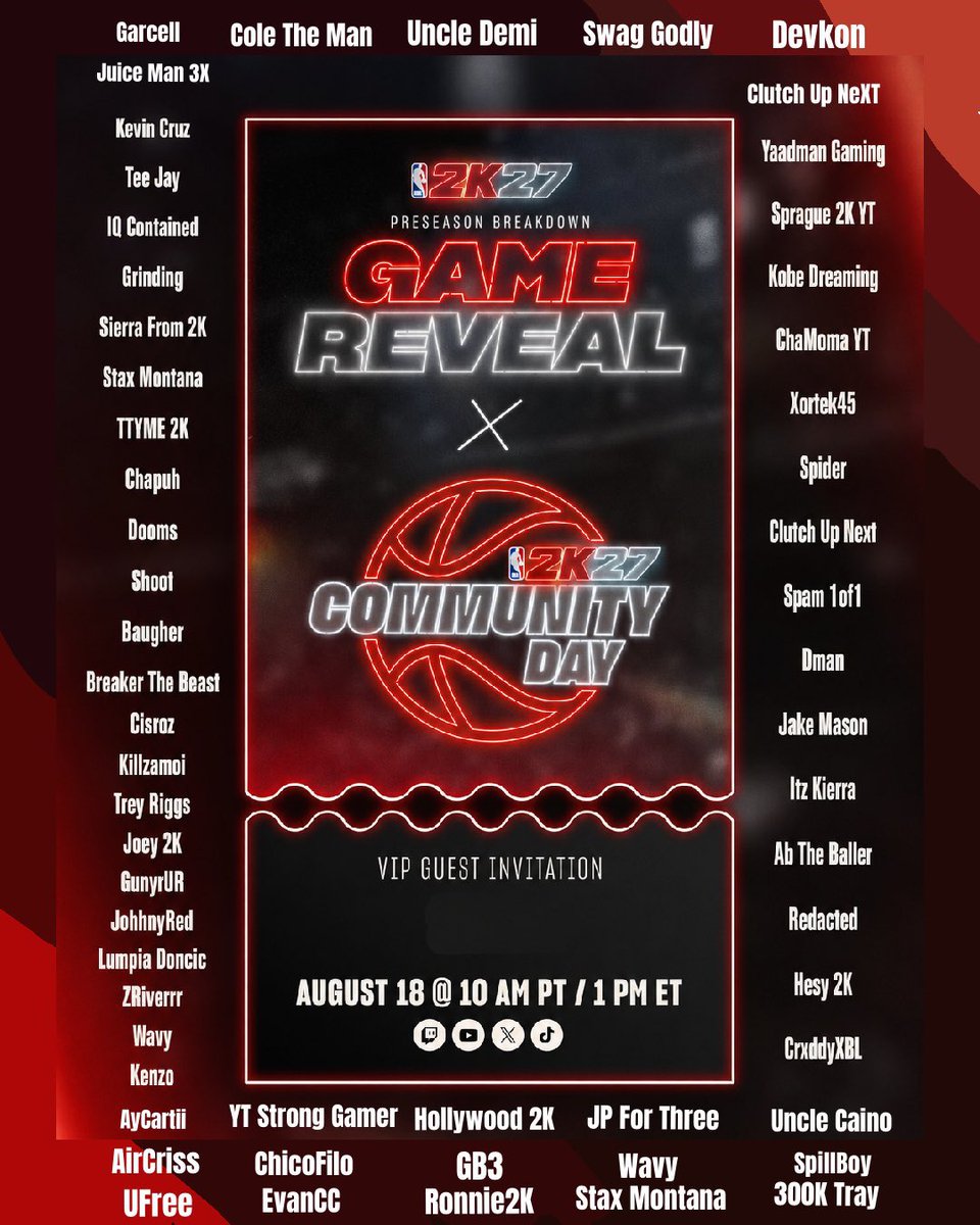 2KDispatch's tweet photo. Here’s the list of creators invited to the #NBA2K27 Community Day

📅 August 18 — 10 AM PT / 1 PM ET

Via @NetsWorldUK https://t.co/IG6mmg07Bh