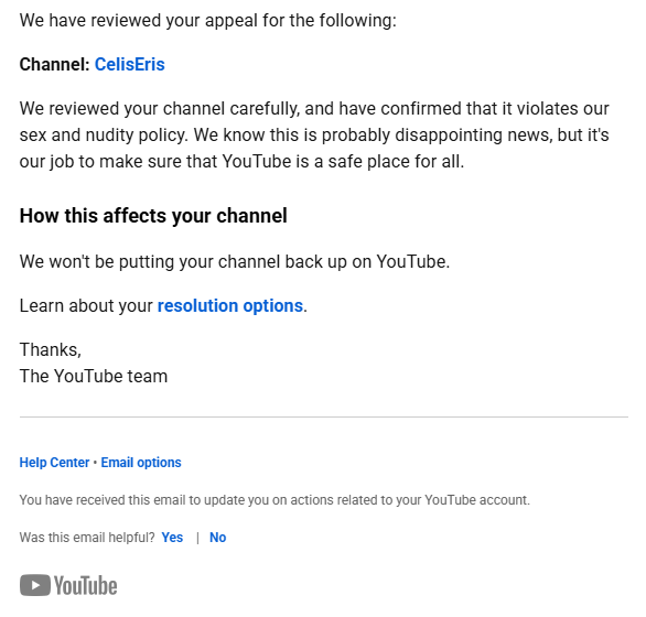 CelisEris's tweet photo. @TeamYouTube I'd like to request a manual review of my channel (https://t.co/7UuzlCiM90). I believe it was removed due to a paid content link on my personal website. (https://t.co/KVmNR9KRRF) 

The paid content link has non-explicit cosplay pictures on it, so sex and nudity still doesn't sound right. The violation could also be due to the fact I have orange heavy themes as a vtuber. It's a known problem with AI detection to see orange heavy designs and think it's nudity.

 In my appeal I requested to know where the violation occured and only received this back. I'd like to request my channel termination be reconsidered with this context provided.