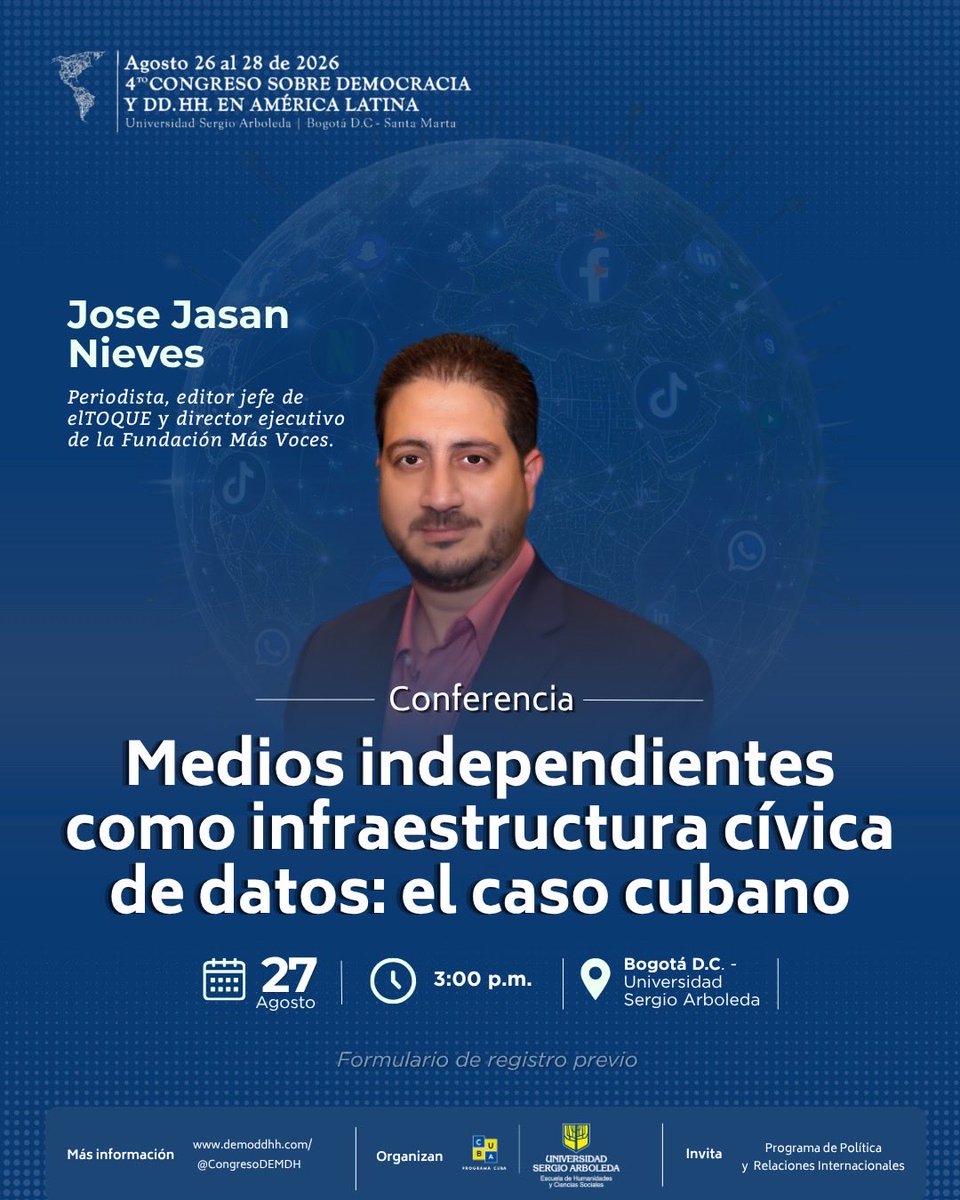 CongresoDEMDH's tweet photo. ✅📲Los medios independientes cumplen un papel fundamental en sociedades donde el acceso a información pública se encuentra limitado. 🇨🇺

Inscríbete aquí 📲
https://t.co/EeKy5mqT8Z https://t.co/Du4SAd7Crs