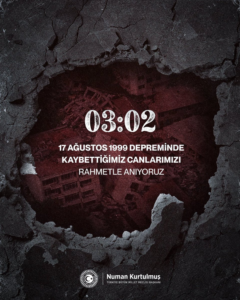 NumanKurtulmus's tweet photo. 17 Ağustos 1999’da yaşadığımız büyük depremin üzerinden 27 yıl geçti. O gece hayatını kaybeden vatandaşlarımızı bir kez daha rahmetle anıyorum.

Milletimizin hafızasında derin izler bırakan o hüzünlü gecenin acısını ve kaybettiğimiz canlarımızı aradan geçen yıllara rağmen unutmadık, unutmayacağız. 

Rabbim ülkemizi ve milletimizi her türlü afetten muhafaza eylesin.