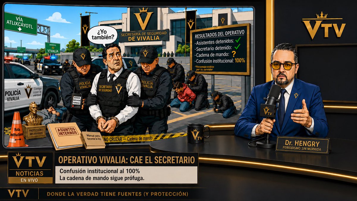 DrHengry's tweet photo. 📍 Desde Vivalia.

La Secretaría de Seguridad presentó los resultados de su más reciente operativo:

Operativo “Todos contra todos”

Asaltantes detenidos: ✅
Secretario de Seguridad detenido: ✅
Delitos esclarecidos: ⏳
Cadena de mando: ❓
Confusión institucional: 100%.

En Vivalia ya no sabemos si la patrulla va persiguiendo al delincuente…

o llevándolo a trabajar.

🎙️ Dr. Hengry.
Donde todos mandan…
y nadie responde.

¡Puro Vival!

#Vivalia #LaRepublicaDeLosVivales #DrHengry #VTV #Puebla #Atlixco #SeguridadPublica #PuroVival