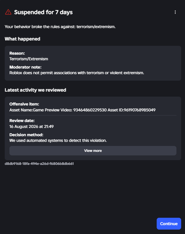 ControlEuropa's tweet photo. I love when Roblox bans you for terrorism when you try make a nice trailer for your game, Thanks Roblox 😇🙌#roblox https://t.co/V4f9xfYmjF