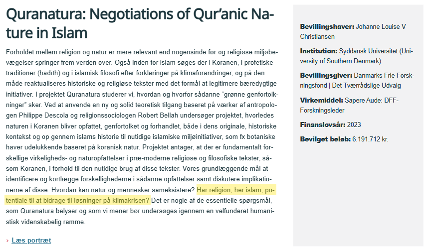 oresundsbaron's tweet photo. Har islam potentiale til at bidrage til løsningen på klimakrisen?

Det spørger et forskningsprojekt til 6,2 mio. kr. om - betalt af dig, mig og resten af de danske skatteborgere.

Et fuldstændig absurd misbrug af vores skattekroner. https://t.co/8IhzmifmNU