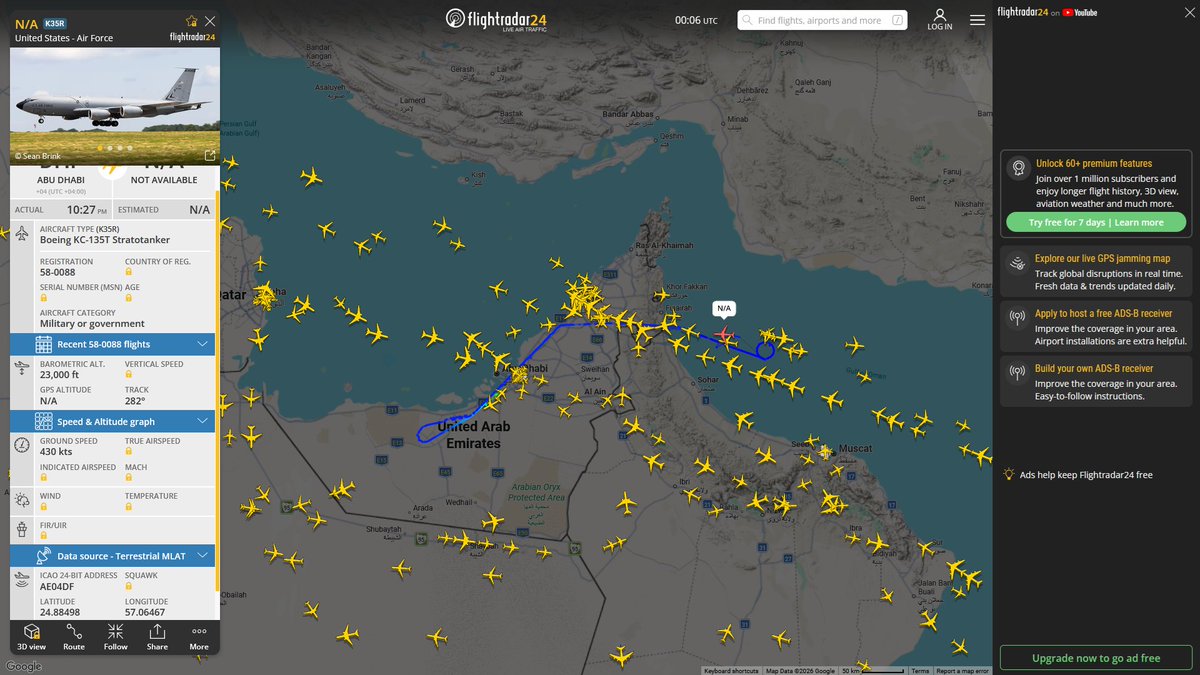 AIYeyENGDdJkjTr's tweet photo. Aug. 17, 2026
#Ben Gurion ==> #Gulf of Oman
#NoCALLSIGN #AE04B4 USAF KC-135R Stratotanker
#Al-Udeid Air Base ==> #Gulf of Oman
#FLYER54 #AE5F97 USAF KC-46A Pegasus
#000000 #AE63BE USAF KC-46A Pegasus
#Al Reef Base, Abu Dhabi ==> #Gulf of Oman
#NoCALLSIGN #AE04DF USAF KC-135T Stratotanker