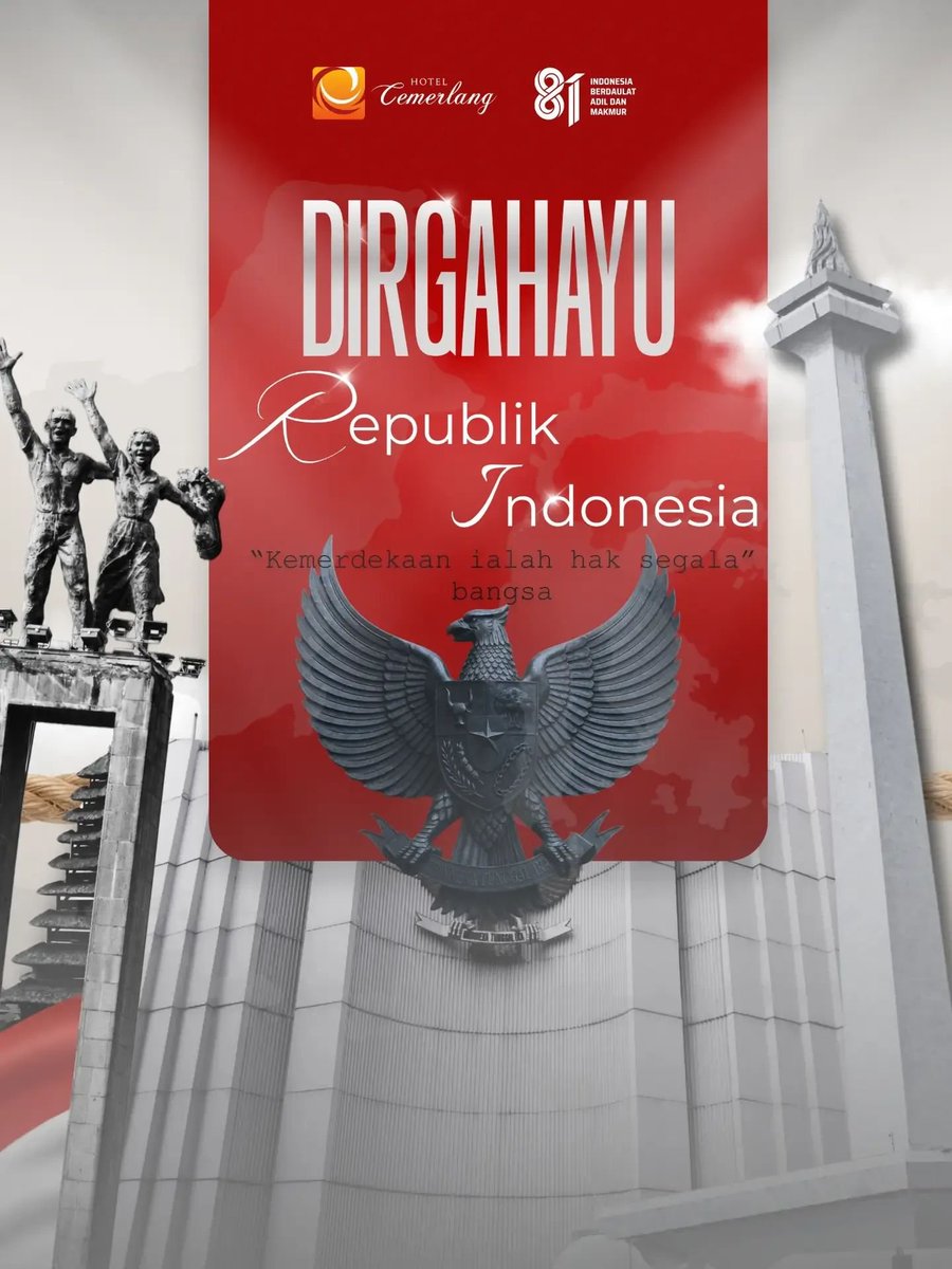 CemerlangHotel's tweet photo. Di bawah kepakan sayap Garuda yang perkasa, mari melangkah bersama mewujudkan cita-cita Indonesia yang berdaulat, adil, dan makmur.

DIRGAHAYU REPUBLIK INDONESIA KE-81!

Mari menjaga nyala persatuan untuk Indonesia tercinta 
━━━━━━━━━━━━━━ https://t.co/dYStPqYPNM