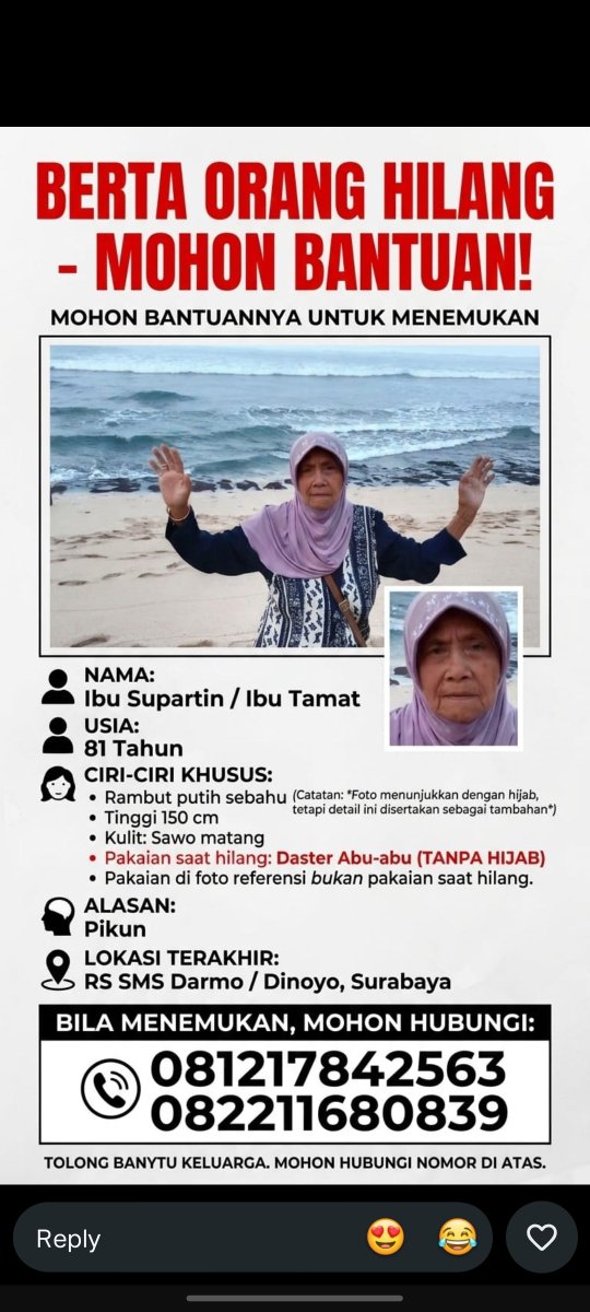pistachiobeanny's tweet photo. Guys tolong bantu kenalanku ya, jadi ibu kenalanku ini pikun dan hilang. Buat yg lagi di Surabaya dan mungkin kelihatan beliau bisa telf nomor tertera/dm aku ya.. Terima kasih 🙏🙏🙏 https://t.co/K5rk2W57RE