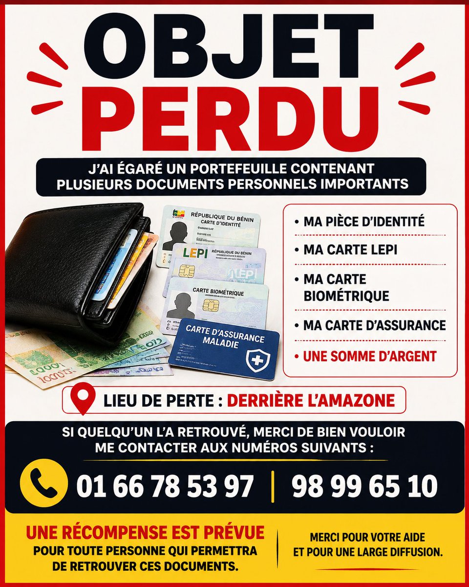 mrbignon's tweet photo. 🚨🚨SI VOUS TOMBEZ SUR CE POST, JE VOUS PRIE DE BIEN VOULOIR LE PARTAGER SVP ! 🚨🚨

AVIS DE PERTE

Les amis, ce soir, j’ai égaré dans la zone de l'Amazone et alentours, un portefeuille contenant plusieurs documents personnels importants :

- Ma pièce d’identité ancien modèle 
- Ma carte LEPI
- Ma carte biométrique
- Ma carte d’assurance Oléa
- Une carte bancaire UBA 
- Une somme d’argent

Si quelqu’un l’a retrouvé, merci de bien vouloir me contacter aux numéros suivants :

0166785397 ou  0198996510

Une récompense est prévue pour toute personne qui permettra de retrouver ces documents. 

#RepostAppréciés