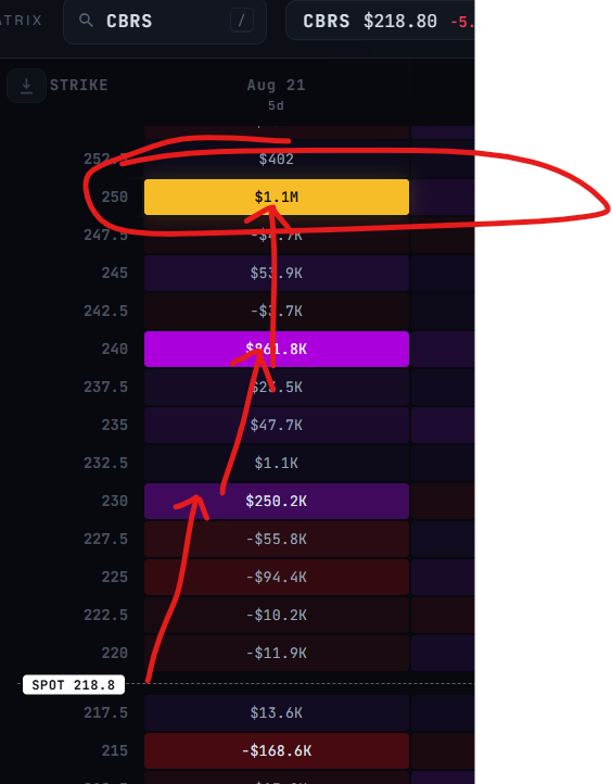SwingMaster_1o1's tweet photo. Cheats enabled? 👀

$1.1M at the $250 strike.

What does someone know? 🤔
$CBRS https://t.co/TQwMi6swHU