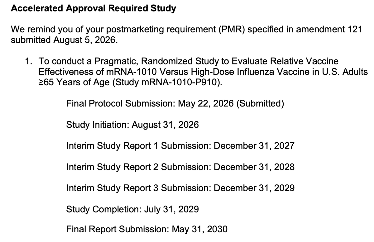 MaryBowdenMD's tweet photo. Moderna's mRNA flu shot was approved on an accelerated basis, meaning the company only submitted preliminary, short-term data. 

The full study doesn't end until 2030!  

Clearly no lessons have been learned at the @FDA.

David Kaslow MD approved this shot. https://t.co/sXwHuy0M3o