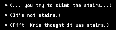 FullNameDeTrain's tweet photo. On a similar puzzling thing (for me anyway), the wall/stairs joke stands out to me purely because the joke only works from our perspective... so I have no clue how Susie would even gauge that we/Kris "thought it was stairs." https://t.co/8oFZ57rVy3