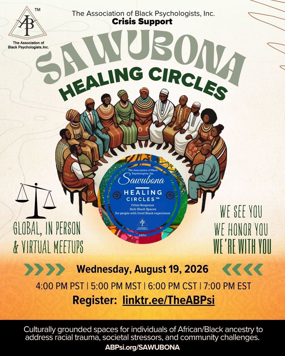 TheABPsi's tweet photo. We see you. We honor you. We’re with you.

Join ABPsi’s Sawubona Healing Circle—a culturally grounded space for people with a lived Black experience.

Wed., Aug. 19 at 7 PM ET
 Register: https://t.co/IdoWYb3l8m
#Sawubona #BlackMentalHealth #ABPsi https://t.co/MQdIHBnVBn