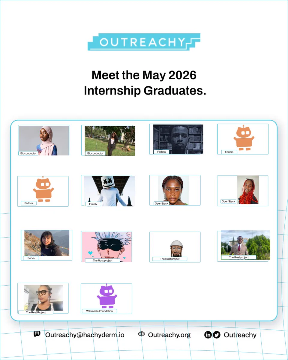 Outreachy flyer celebrating the May 2026 internship graduates, featuring photos and avatars of interns from different projects