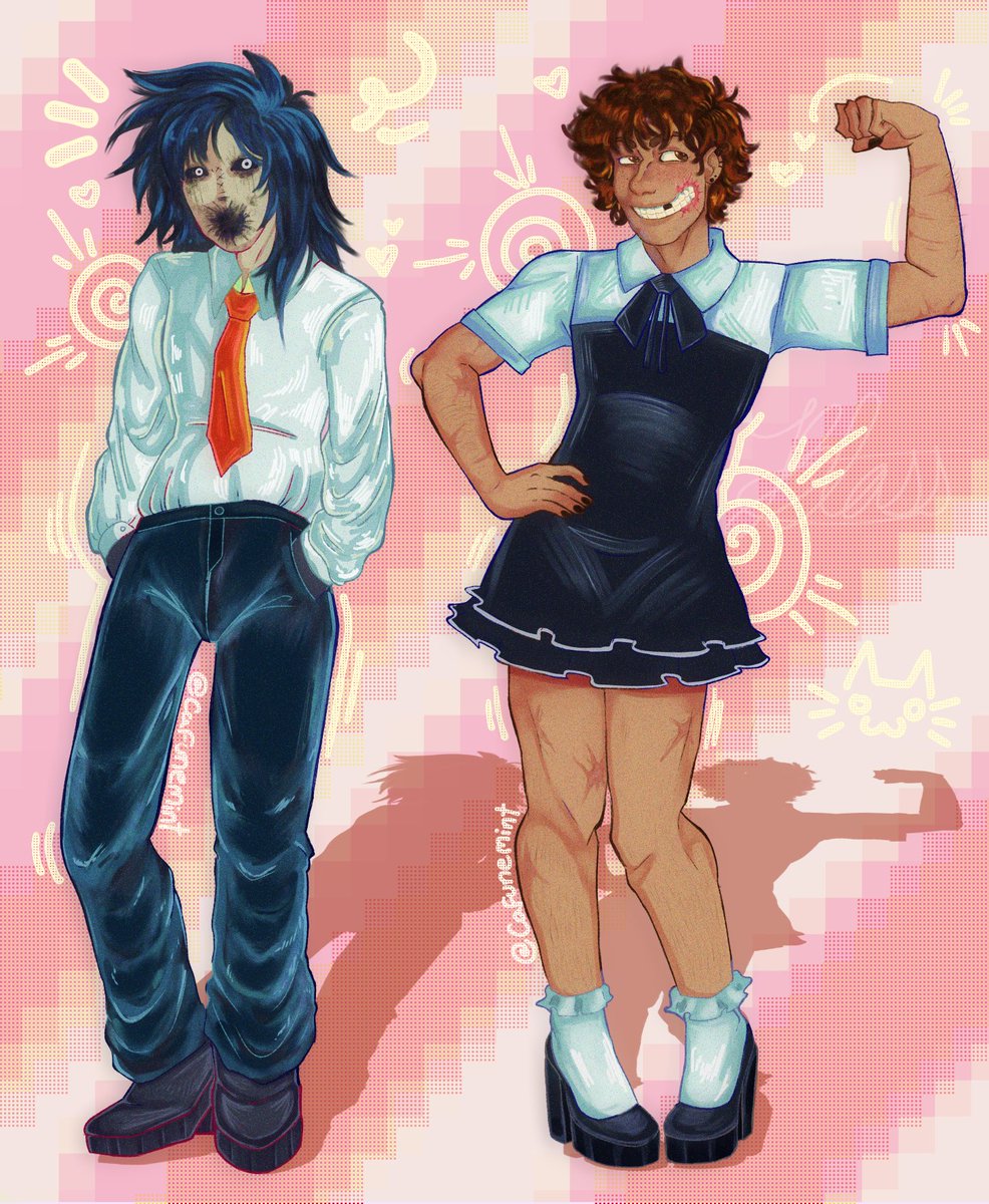 Cafunemint's tweet photo. “𝐅𝐚𝐧𝐜𝐢��𝐝 𝐔𝐩!“ (𝐊𝐚𝐭𝐞 𝐚𝐧𝐝 𝐓𝐨𝐛𝐲)
-
I just wanted an excuse to dress them up tbh. Aren’t they cutsie? 
-
Both at once. Js sayin. 
-
#ticcitoby #katethechaser #creepypasta #ticcitobyfanart #digitalart #katethechaserfanart #crp #fanart #fancy #silly https://t.co/o3cIYNEzXK