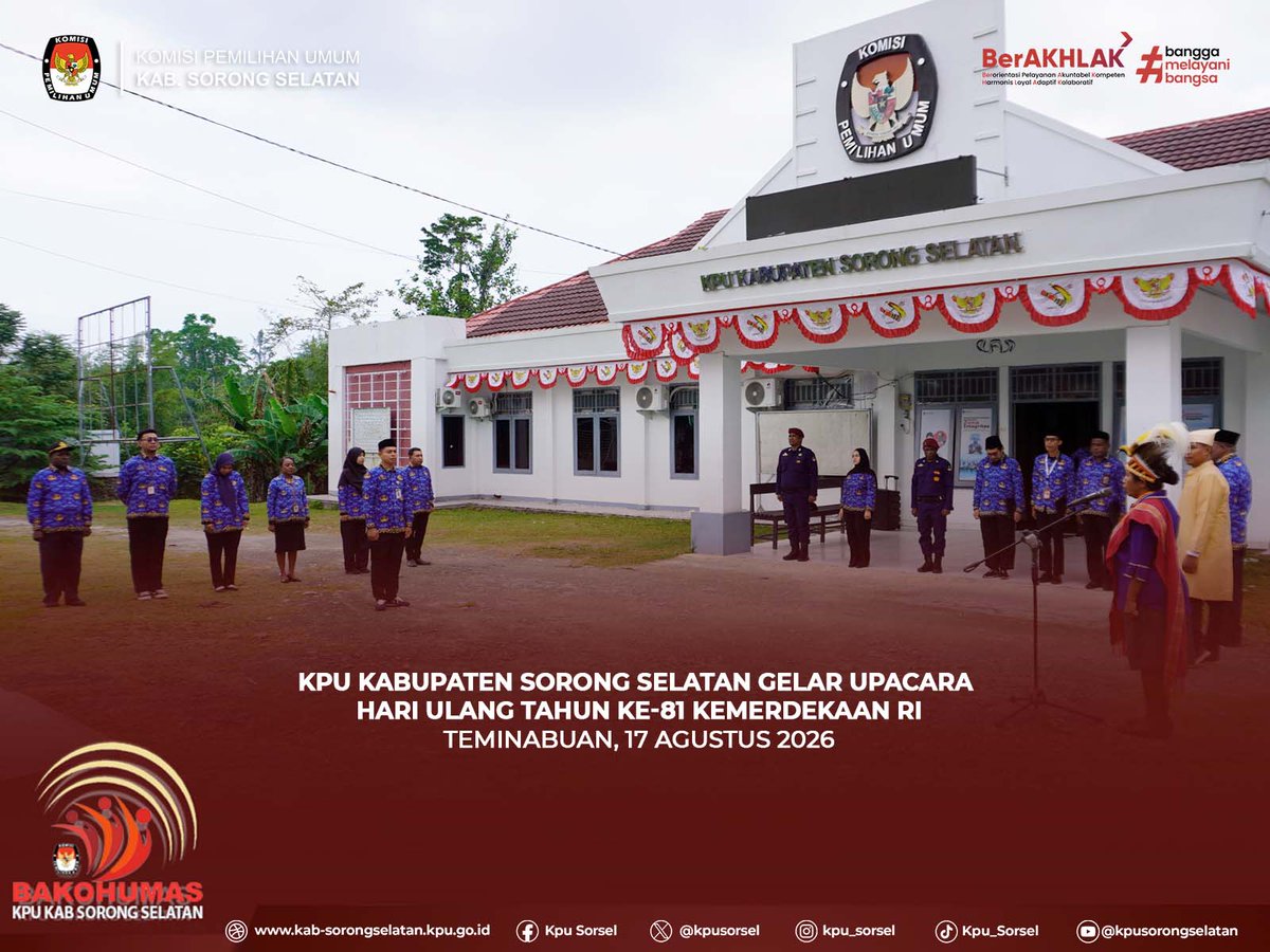 kpusorsel's tweet photo. #Temanpemilih, Dalam rangka memperingati HUT ke-81 Kemerdekaan Republik Indonesia, KPU Kabupaten Sorong Selatan melaksanakan upacara bendera pada Senin, 17/8/2026, di halaman kantor
Upacara diikuti oleh Komisioner dan staf KPU Kabupaten Sorong Selatan. https://t.co/EkOKfdGXoc