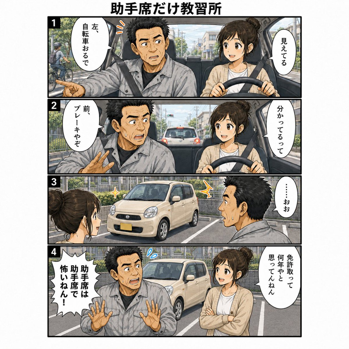 CH3LETogvnoiQHN's tweet photo. 信用してへんわけちゃう。助手席が怖いだけや。（父）

それを信用してないって言うねん。（娘）

#四コマ漫画
#50代あるある
#父娘
#親子の日常
#お父さんあるある
#運転あるある
#もーやん https://t.co/Lw4U7y08AK