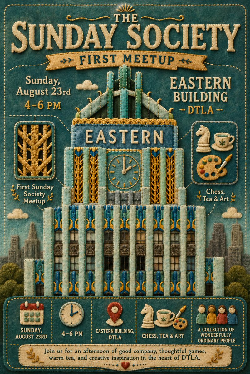 SundaySociety_'s tweet photo. To celebrate The Sunday Society mint, we’re stepping out of Bramble & Birch and into the real world!

Join us at The Eastern Building in Downtown Los Angeles on Sunday, August 23rd from 4-6pm for a late afternoon of chess, tea, art, and wonderfully ordinary company.

No invitation tucked under your door required. All are welcome 

💙