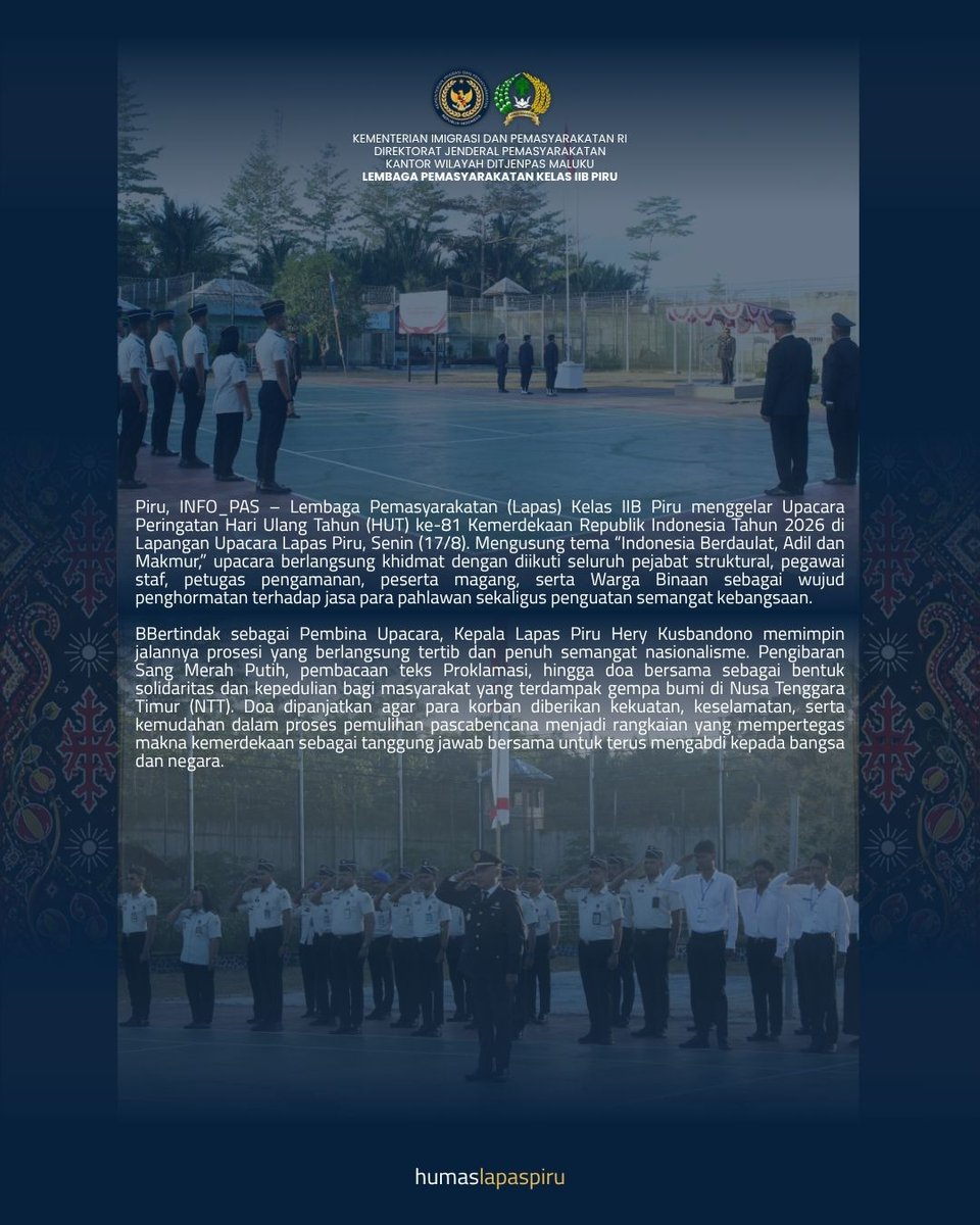 Humaslapaspiru's tweet photo. Lapas Piru Gelar Upacara HUT Ke-81 RI, Kobarkan Semangat Pengabdian dan Persatuan

Baca selengkapnya di :
https://t.co/SDt2eRrbVW

#lapaspiru #HUT81RI #KitaIndonesia #MelangkahDenganHarapan #KitaIndonesiaPeduliNTT https://t.co/khhHJO4zmD