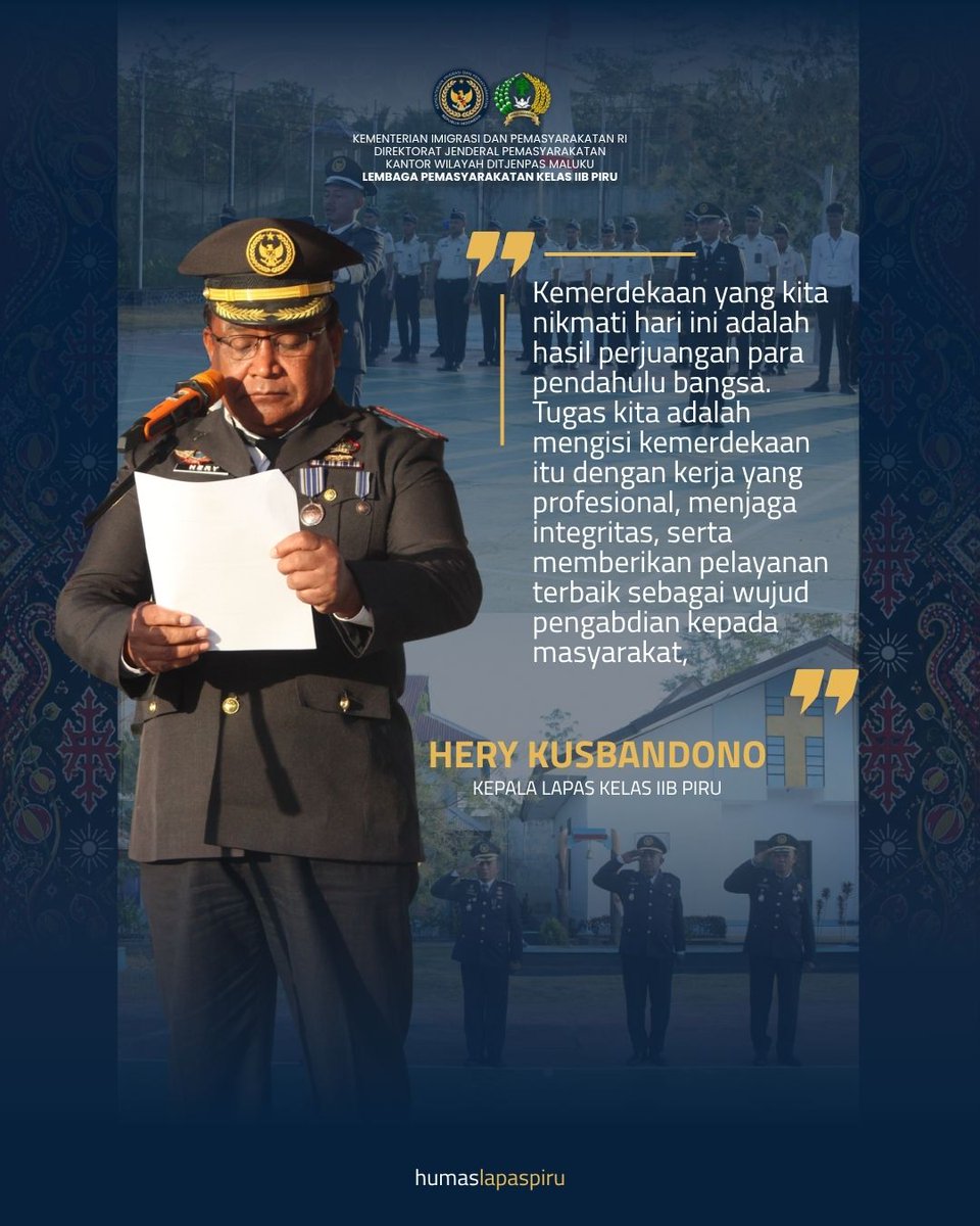 Humaslapaspiru's tweet photo. Lapas Piru Gelar Upacara HUT Ke-81 RI, Kobarkan Semangat Pengabdian dan Persatuan

Baca selengkapnya di :
https://t.co/SDt2eRrbVW

#lapaspiru #HUT81RI #KitaIndonesia #MelangkahDenganHarapan #KitaIndonesiaPeduliNTT https://t.co/khhHJO4zmD