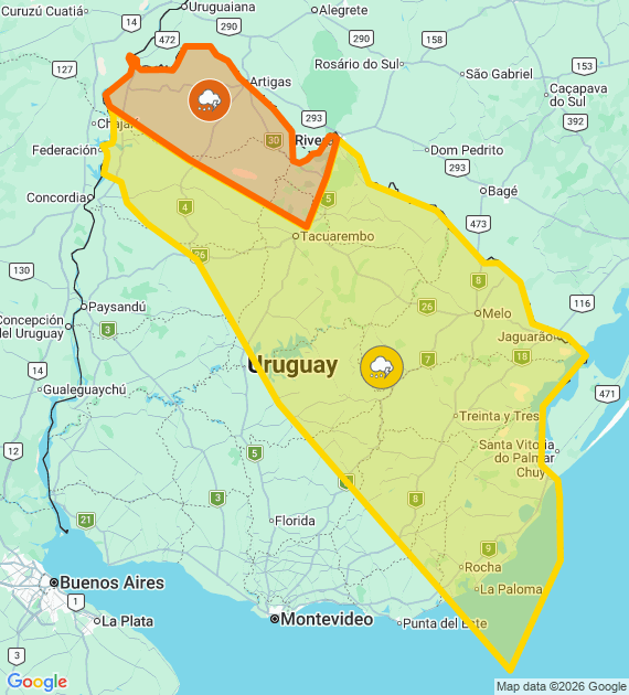 Inumet_'s tweet photo. Advertencia naranja por Tormentas fuertes y puntualmente severas
Advertencia amarilla por Tormentas puntualmente fuertes y lluvias abundantes
Se actualizará a las 00:10 o ante cambios significativos

Más info: https://t.co/OSe5iumF26 https://t.co/KzPhVniw1O