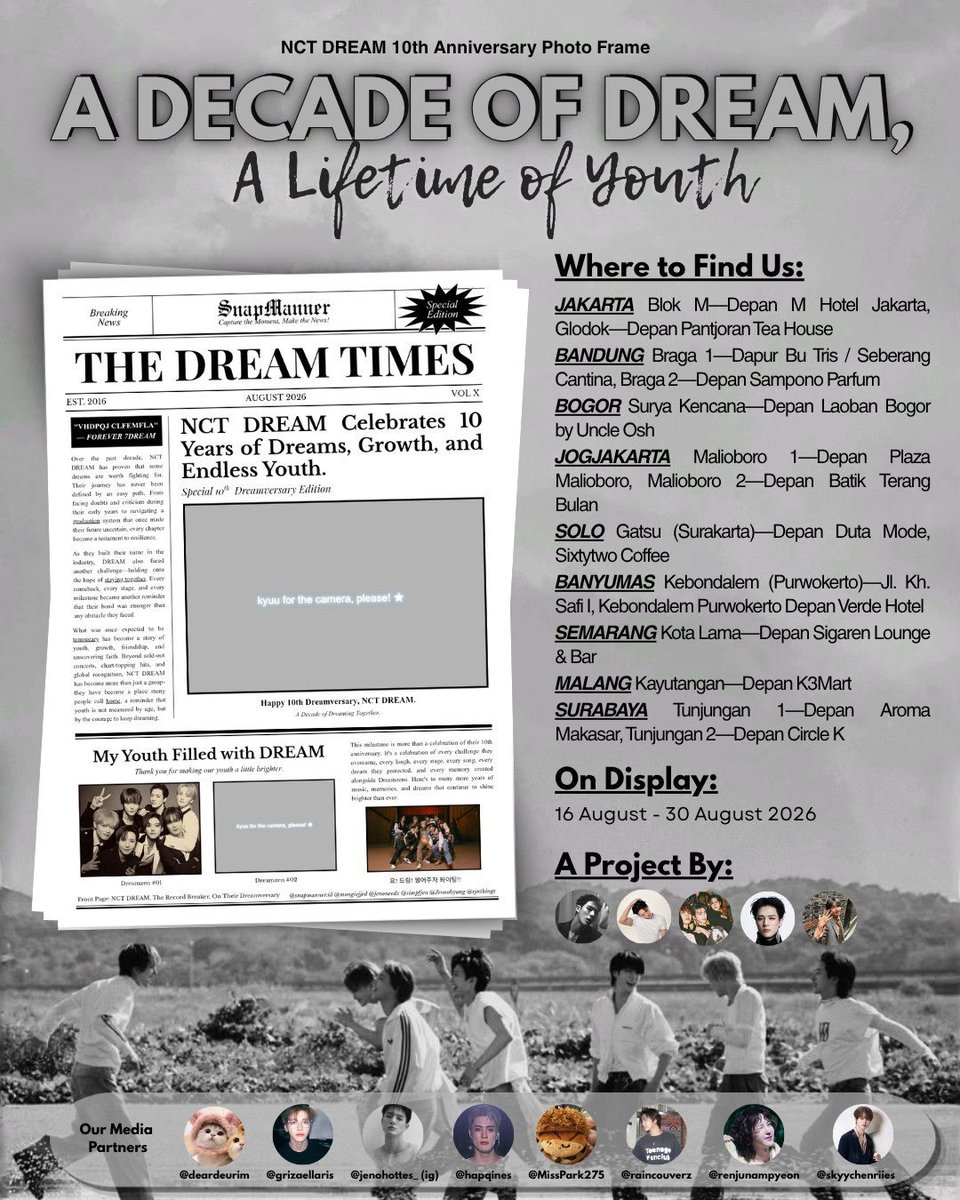 MissPark275's tweet photo. 🗞 BREAKING NEWS: NCT DREAM TURNS 10!

⋆. 𐙚 ̊  A DECADE OF DREAM, A LIFETIME OF YOUTH 

NCT Dream Photoframe by @mongiejjed @jenoneedz @simpfjen @rjnthings @jenoohyung

📸 All Snapmanner Stops
📌 16–30 Aug 26

Grab ur friends, kyuu for the camera! Tag us &amp; have a kyuu-full day! https://t.co/HG7m1uwrFV
