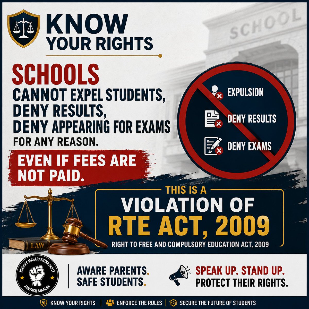 NathanandAiden's tweet photo. Know your rights #parents #SchoolThikkKaro Nirbhay Maharashtra Party appeals to the parents to come forward and speak up if your child's school does not comply to the children's safety norms. https://t.co/lht2ZCDPEY