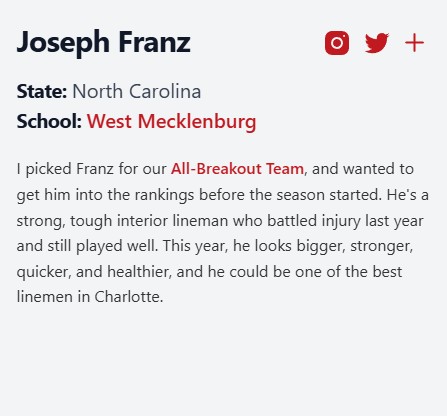 Joseph_FranzIII's tweet photo. Thank you @whelms21 and @PrepRedzoneNC  for the write-up! I really appreciate the recognition heading into the season.

Also, congrats to everyone who moved from the Watchlist to Ranked.

Grateful for my coaches, trainers, teammates, family, and everyone in my corner who continues to push me to get better.

@Qik_6 @westmeckfb @WestMeckSports  @westmeck @Coach_jgardner

And a huge shoutout to @fo_isaac for continuing to push me on the speed side of my game.