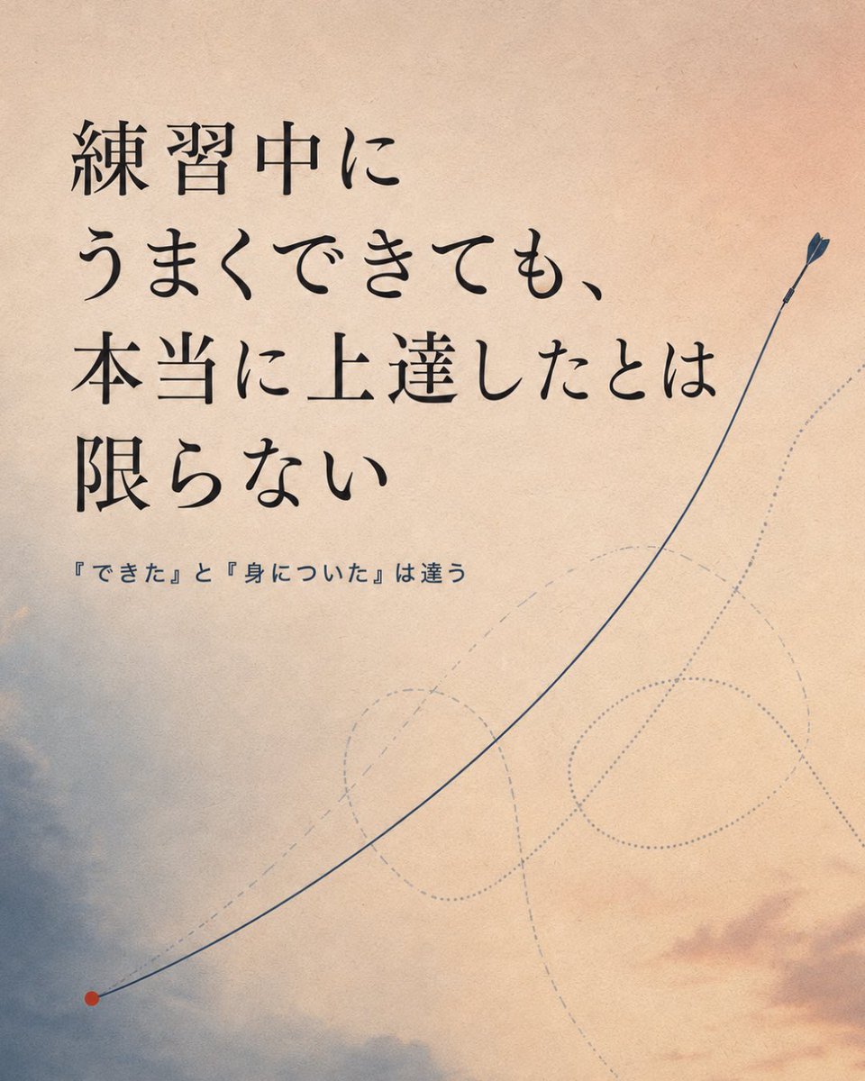 DPLtrainer's tweet photo. 【練習中にうまくできても、本当に上達したとは限らない】

練習中にダーツがよく入った。

指導を受けた直後にフォームが良くなった。

昨日よりもミスが少なかった。

このような変化があると、「上手くなった」と感じるかもしれません。

しかし、練習中にうまくできたことと、その技術が身���ついたことは、必ずしも同じではありません。

運動学習では、練習中に観察される一時的な結果を「パフォーマンス」、練習��経験によって生じる比較的持続的な能力の変化を「学習」と区別します。

学習そのものを直接見ることはできません。

そのため、練習から時間を空けても再現できるかを調べる「保持」と、
条件が変わっても応用できるかを調べる「転移」などから判断します。

例えば、指導者から一投ごとに修正点を教えてもらえば、その場では良い動きができるかもしれません。

動画を確認しながら投げることで、動作を修正しやすくなることもあります。

しかし、指導や動画がなくなった途端に再現できなくなるのであれば、まだ自分で調整できる段階には達していない可能性があります。

だからこそ、本当に上達したかを確かめるには、

・翌日や数日後にも再現できるか
・狙う場所が変わっても対応できるか
・ある程度の緊張や疲労があって��使えるか
・ミスの傾向に自分で気づけるか
・必要に応じて自分で調整できるか

といった点を見る必要があります。

反対に、練習中にうまくいかなかったからといって、その練習に意味がないとも限りません。

新しい動きを試したり、難易度を上げたりすると、一時的に成績が下がることがあります。

これまでとは異なる方法を探索し、動作を調整する必要があるからです。

ただし、「ミスが多いほど学習できる」という意味ではありません。

難しすぎて成功と失敗の違いが分からない練習では、何を修正すればよいのか判断できません。

反対に、簡単すぎる練習では、現在の能力を確認できても、新しい課題への対応力は育ちにくいかもしれません。

大切なのは、今の自分にとって、

「成功と失敗の違いを観察できる」
「少し工夫すれば修正できる」

程度の難しさに調整することです。

また、一度入った、あるいは一度外れたという結果だけで��フォームの良し悪しを判断することもできません。

ダーツの結果には、狙った動作だけでなく、毎投自然に生じるばらつきも含まれます。

複数回の投球を観察し、

「同じミスが繰り返されているか」
「条件を変えても同じ傾向が���るか」
「動作を変えると結果も一貫して変わるか」

を確認することが必要です。

投げる前には、その一投で確認する課題を整理する。

投げる瞬間は、修正点をいくつも考えず、狙いやダーツの飛びに注意を向ける。

投げた後に、結果と動作を振り返る。

このように「考える時間」と「実行する時間」を分けることで、投球中の過剰な自己監視を減らしやすくなります。

ただし、身体へ注意を向けることが常に悪いわけではありません。動作を理解したり、修正点を確認したりする段階では、身体への注意が必要な場合もあります。

練習中にうまくできたからといって、すでに上達したとは限らない。

練習中にうまくいかなかったからといって、学習していないとも限らない。

大切なのは、その日の点数だけで練習を評価しないことです。

「時間が空いてもできるか」
「条件が変わっても使えるか」
「ミスから自分で戻せるか」

まで確認する。

練習の目的は、今日だけうまく投げることではありません。

未来の自分が、必要な場面でその技術を使えるようになることです。
