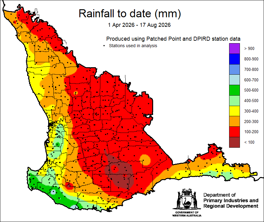 MeredithGuthr15's tweet photo. @DPIRDbroadacre rainfall maps 1 April - 16 August. Condingup 429 mm Nyabing 89 mm. A bit more forecast in the next 8 days. #climate https://t.co/HsUuETCYhT