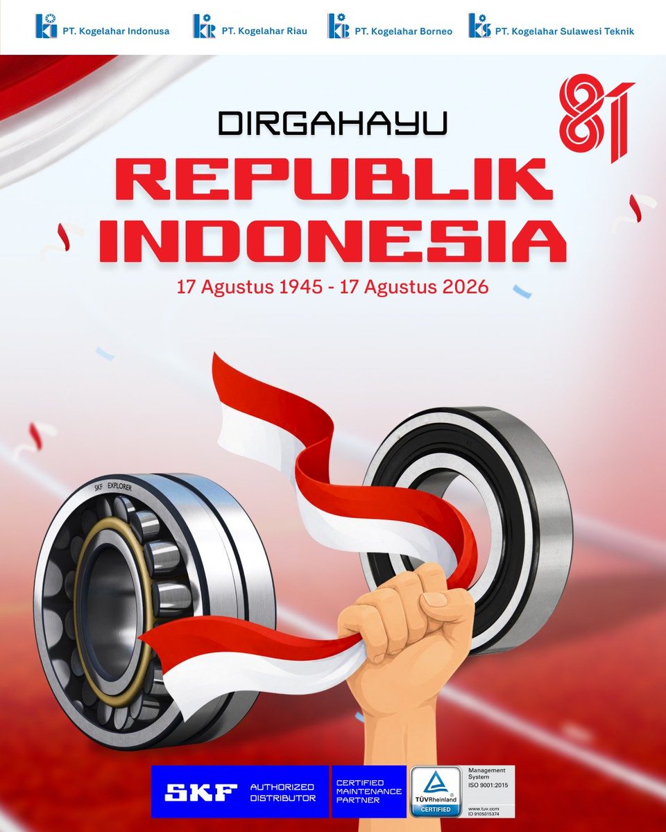 Kogelahar's tweet photo. Dirgahayu Republik Indonesia ke-81 Tahun.

Kami keluarga besar KOGELAHAR 
(PT. Kogelahar Indonusa, PT. Kogelahar Riau, PT. Kogelahar Borneo dan PT. Kogelahar Sulawesi Teknik) mengucapkan,

Dirgahayu Republik Indonesia ke-81 Tahun 
“Indonesia Berdaulat, Adil, dan Makmur”

Merdeka! https://t.co/wCS6uQmXjQ