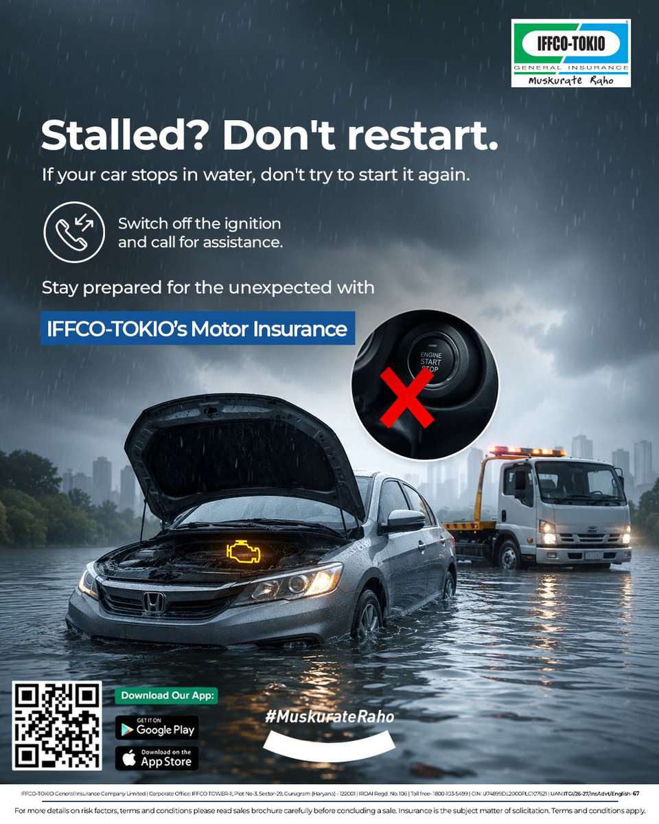 IFFCO__TOKIO's tweet photo. When water takes over the road, a wrong restart can make things worse. If your car stalls in water, switch off the ignition and don’t restart it. Call for assistance instead.

Drive prepared with IFFCO-TOKIO’s Motor Insurance.

#IFFCOTOKIO #MuskurateRaho #MotorInsurance #MonsoonSafety #RoadSafety