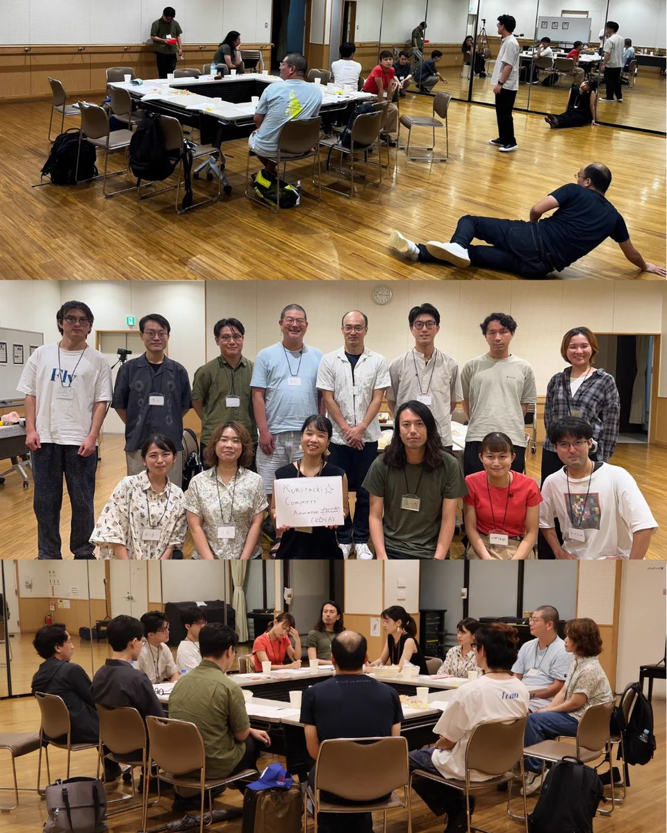 オープン・ラボvol.1の会場風景3枚。参加者が机を囲んだり床に座ったりして過ごす様子、参加者と企画者の集合写真、全員で机を囲んで話している様子。