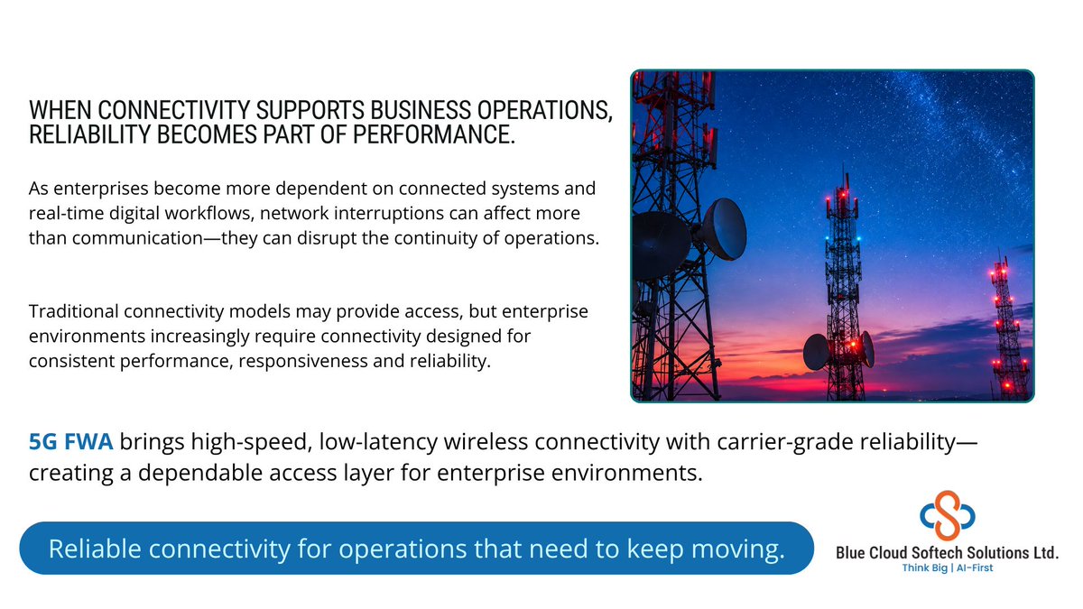 BCSS_bluecloud's tweet photo. Enterprise connectivity needs performance, reliability and continuity.

5G FWA delivers high-speed wireless broadband, low latency and carrier-grade reliability—connectivity enterprises can build on.

Explore: https://t.co/2OXcNJ60lm

#5GFWA #EnterpriseConnectivity #5G https://t.co/ZC00Jb0dea